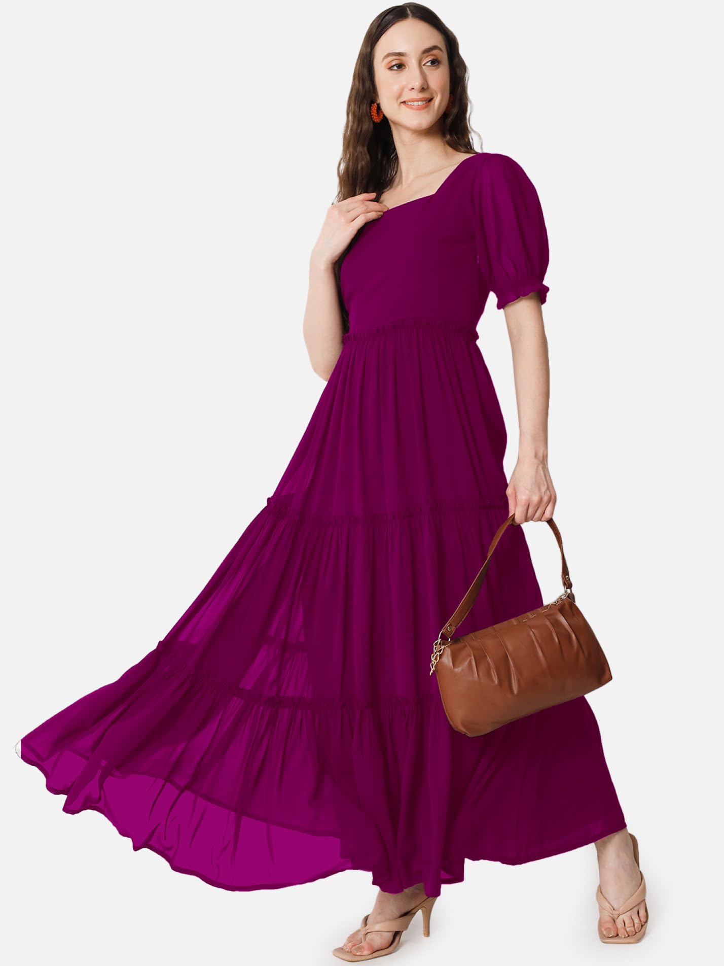 Femvy Vestido sólido Georgette de diseñador para mujer 761