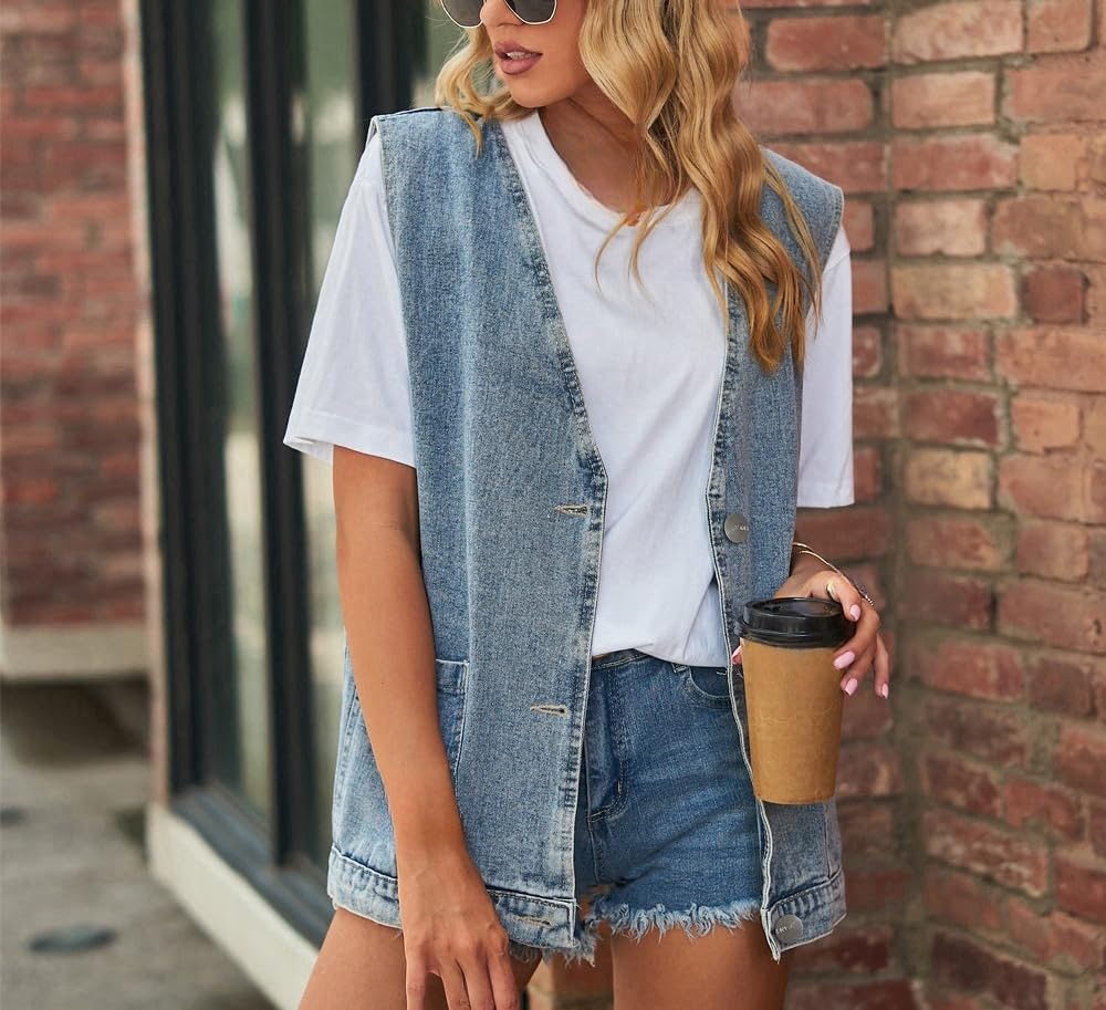 Gilet Jeans Donna,Gilet In Denim Da Donna Senza Maniche Scollo A V Profondo con Bottoni Canottiere Da Donna Gilet In Denim Oversize Giacche con Tasche Gilet In Denim Da Donna Vintage Streetwear Azzu
