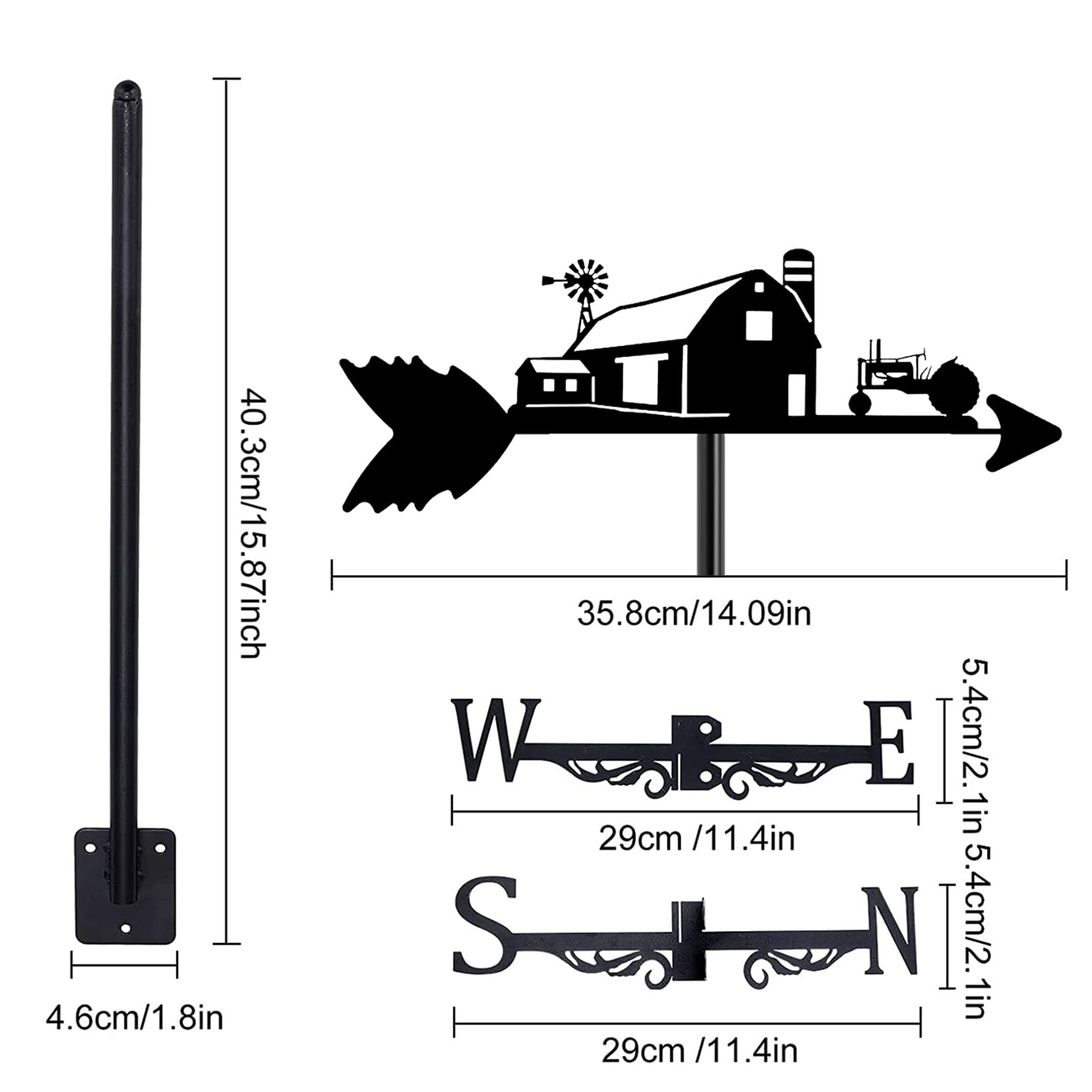 Wetterhahn Bauernhof Rangeland-Szene Wetterfahne Mit Montagedach Fahne Wind Richtungsanzeiger Dekorationen Zubehör Für Garten Gartenlaube Im Freien(Farm, Black)
