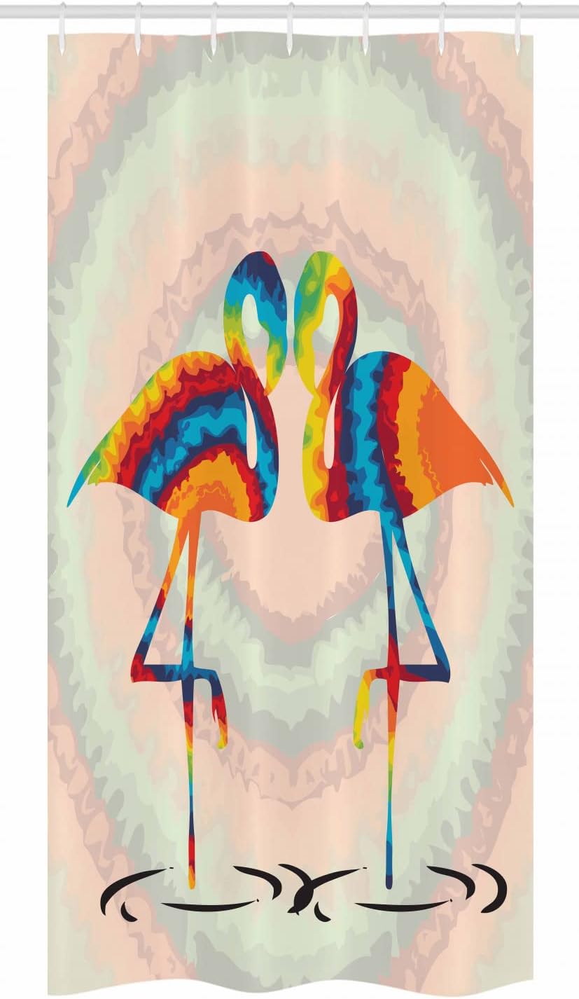Ambesonne Flamingo Stall Shower Curtain, Colorful Love Valentine Flamingos Illustration Retro Circles at Back Funky Print, Fabric Bathroom Decor Set with Hooks, 36" W x 72" L, Blush Apricot Soft Blue