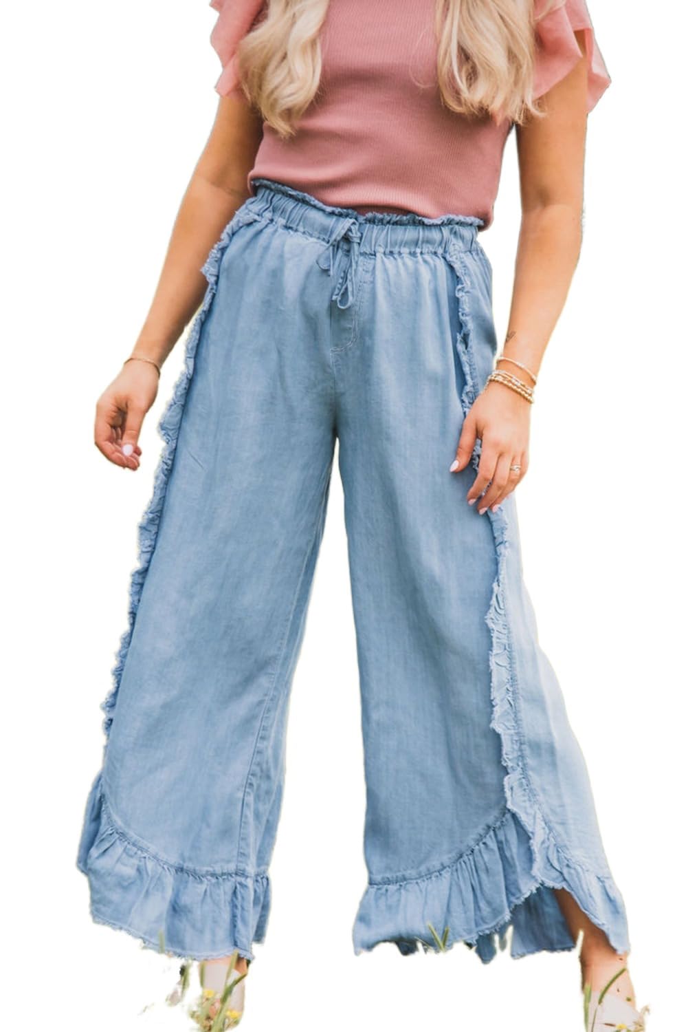 Apvirdy Womens Raw Hem Ruffled Wide Leg Jeans Casual Loose Elastic Waist Drawstring Flowy Palazzo Pants