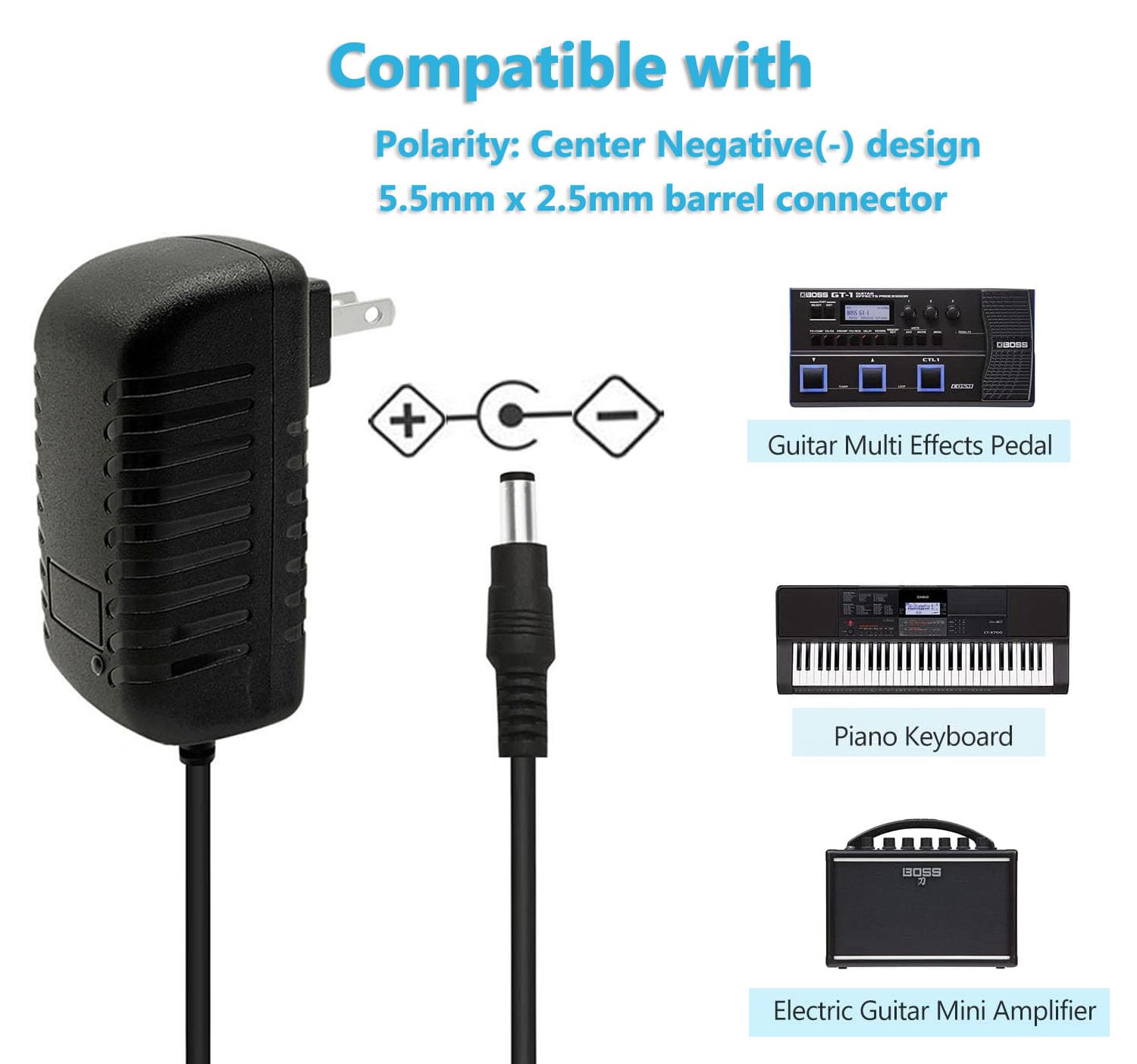 9Volt DC Guitar Pedal Power Supply 2A Max 9 Volt Power Adapter DC 9V Power Cord with 5.5x2.1mm2.5mm Plug Center Negative for dc9v Guitar Pedal : Musical Instruments