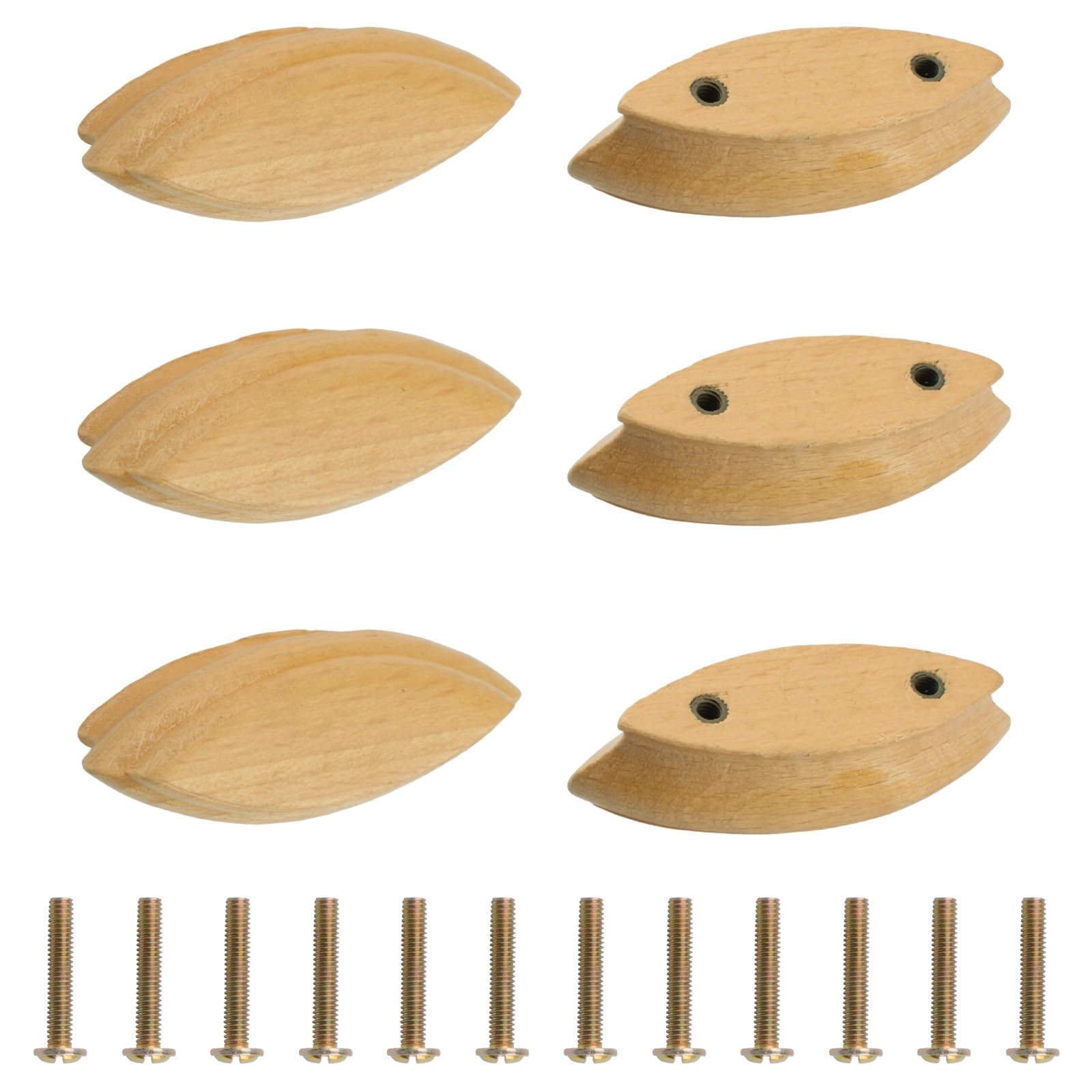 MOROBOR Curved Shape Drawer Handles, 6PCS Decorative Wooden Pulls Antique Beech Wood Kitchen Hardware Knob Double Hole Handle for Drawer Cabinet Wardrobe