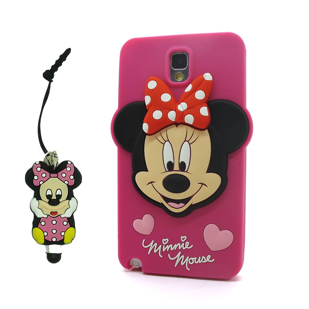 3D Cartoon Rose Minnie Mouse Soft Silicone Case Skin Protective Cover for Samsung Galaxy Note 3 III N9000 with Pink Minnie Mouse Anti Dust Plug Touch Pen