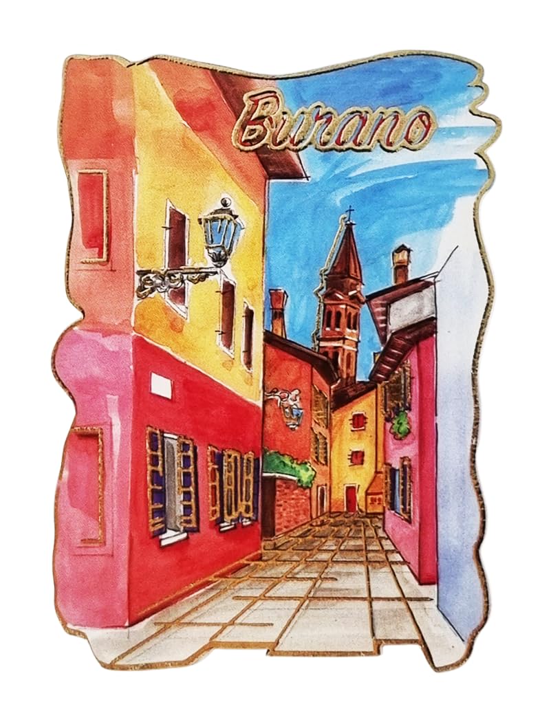 Burano Alley Design Fridge Magnet Shaped Wood with Gold Finish Collectible 6 x 8 cm, Medium
