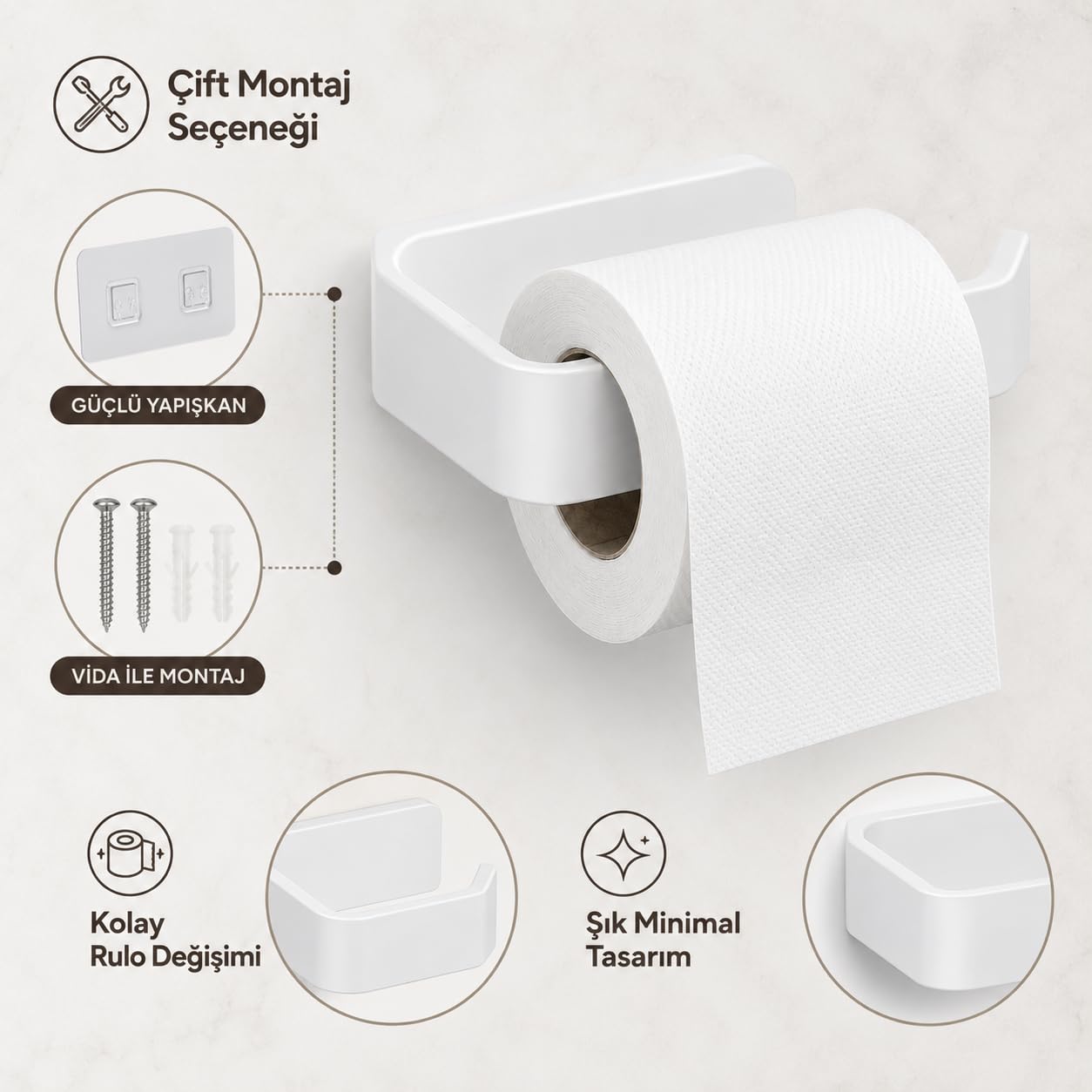 Alper Banyo Beyaz Lamalı Tuvalet Kağıtlığı, WC Kağıt Askılığı, Hem Yapışkanlı Hem Vidalı Montajlı, Açık Uç Tasarımlı Banyo Tuvalet Kağıdı Tutucu