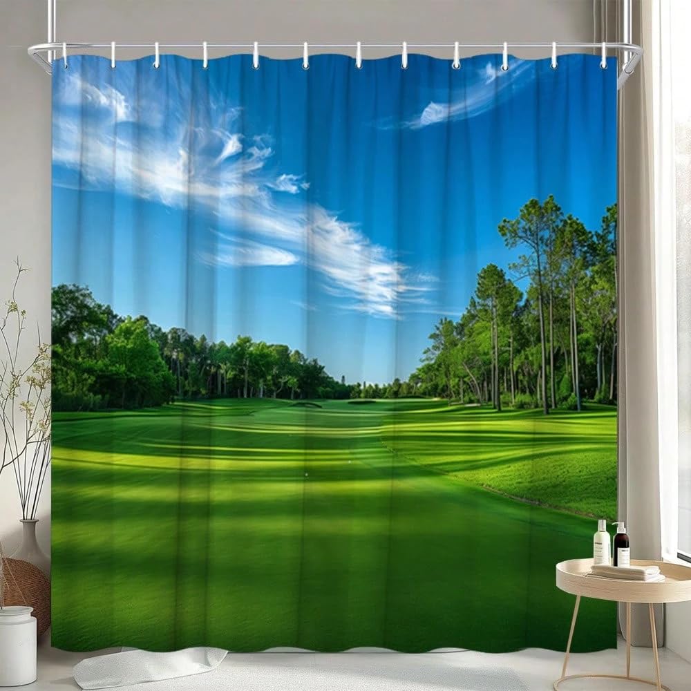 GLKSDLPO Golf-Themed Shower Curtain, Featuring A Blue Sky With White Clouds And A Vibrant Green Golf Course Design, For Modern Home(120x203cm/47x80in(WxH)