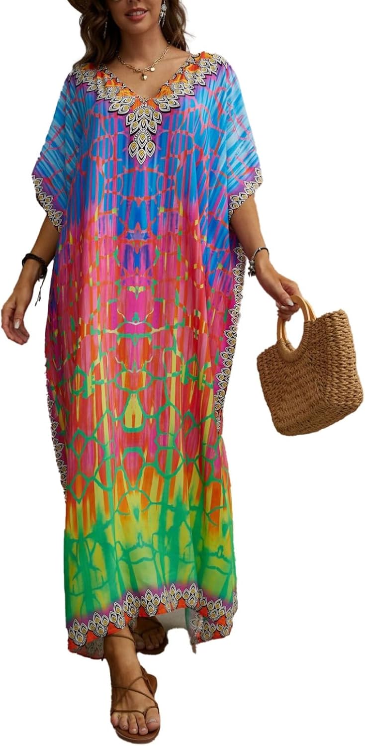 Kaftan Dresses for Women Plus Size Bathing Suit Cover up Batwing Sleeve Caftan Maxi Beach Dress