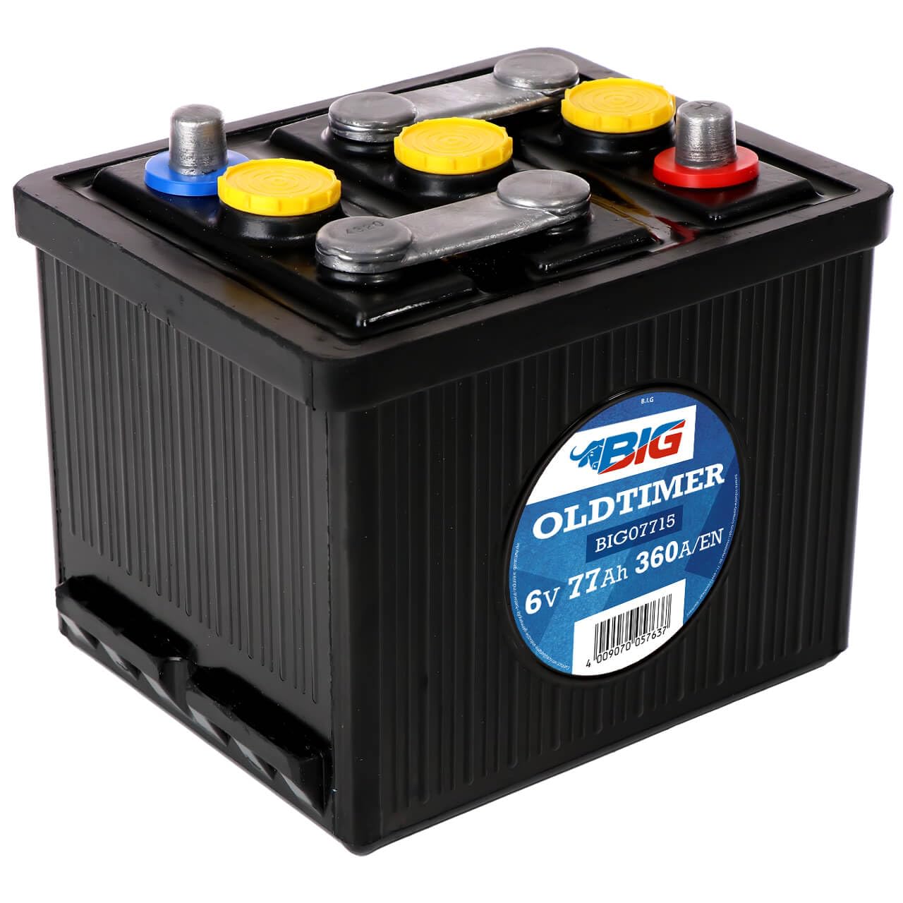 BIG Oldtimer Batterie 6V 77Ah 360A EN - Typ 07715 | Klassische 6 Volt Starterbatterie für Oldtimer - Gefüllt und geladen - Schwarzes Hartgummi-Gehäuse