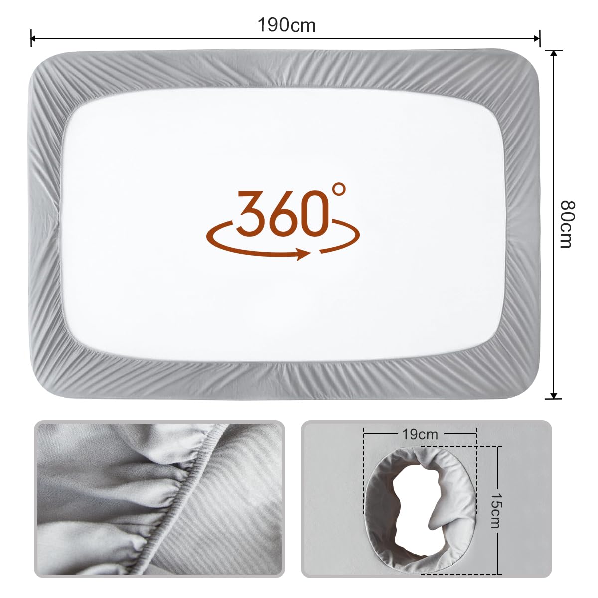 Eqivei 2 Stück Bezug für Massageliege mit Loch, Massageliege Bezug Waschbar, Spannbezug für Massageliege, Atmungsaktive 70 x 190 x12cm,Grau