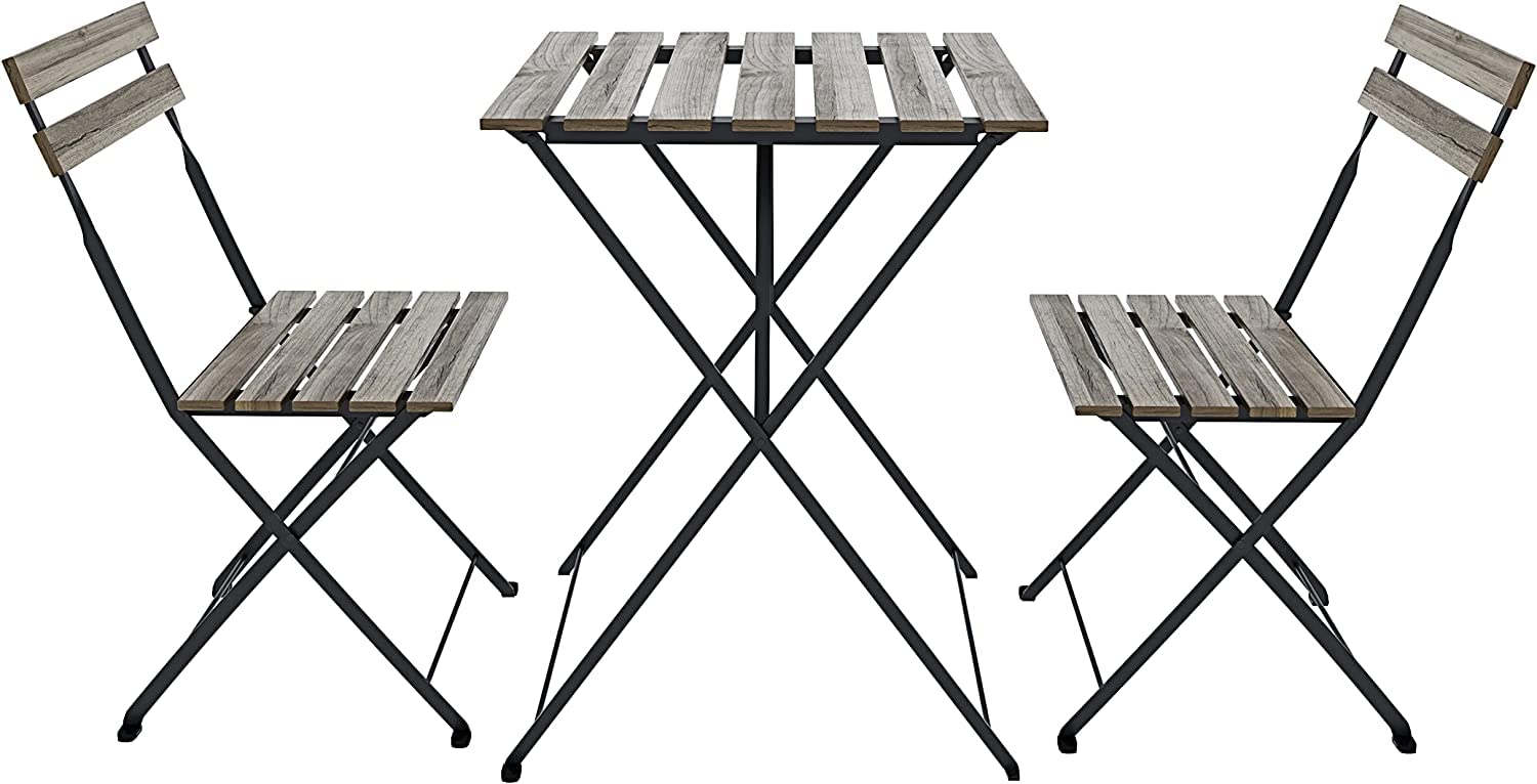 Bricozone Set Bistrot Tavolino Pieghevole e 2 Sedie Salvaspazio in Legno Acacia e Metallo per Patio Giardino Veranda Esterno Balcone Piscina Terrazzo Design Industrial Marrone e Nero