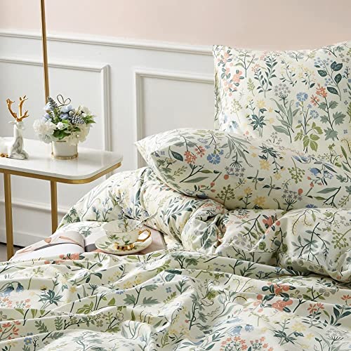 Sedefen Floral Duvet Cover Queen Size Boho Aesthetic Green Botanical Bedding Set With Colorful Flower Print Pattern 3 Pieces Soft Microfiber Comforter Cover With Zipper Ties Garden Style #TOP2