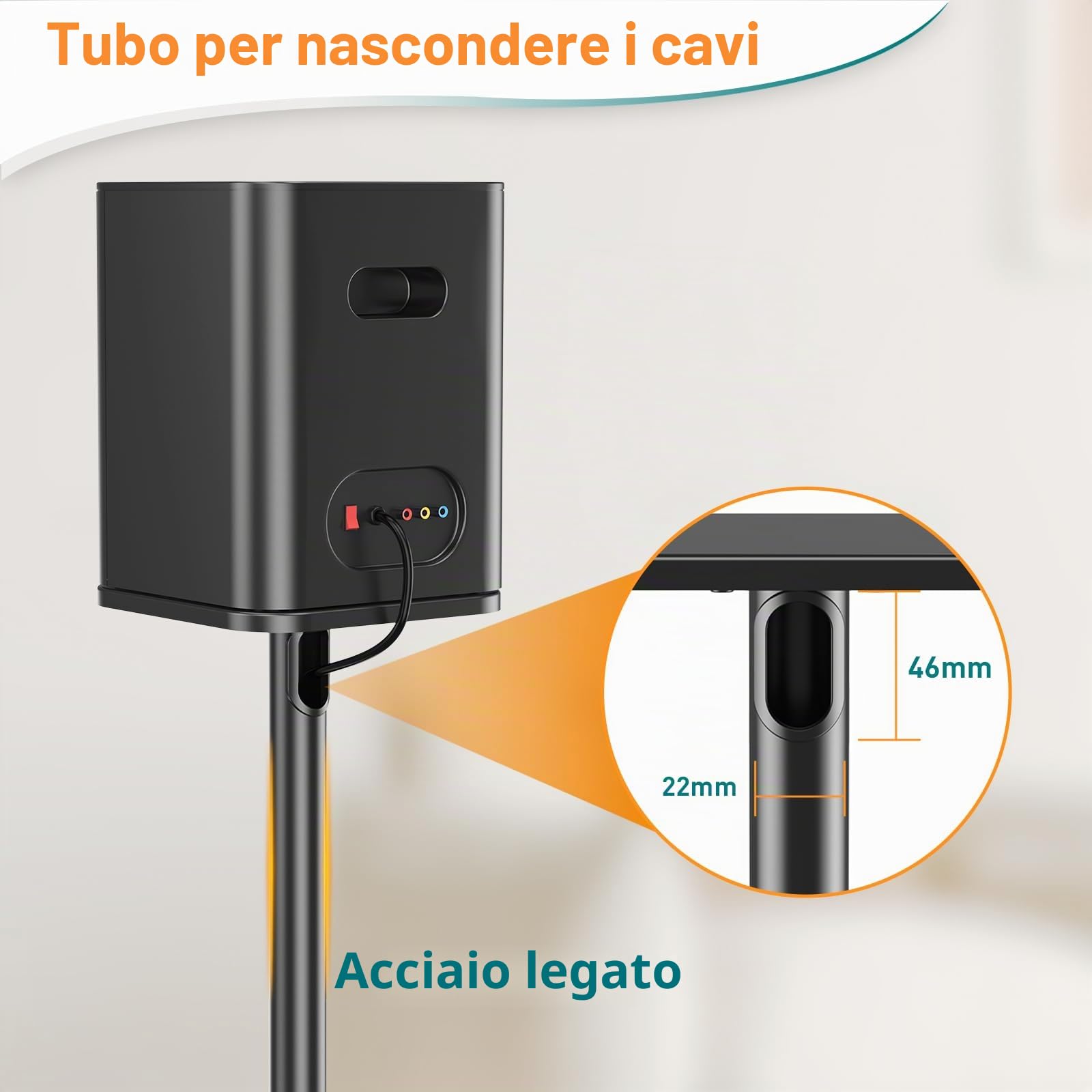 ELIVED Supporto universale per altoparlante regolabile in altezza fino a 95 cm, con base in vetro e canalina interna per altoparlante da scaffale, 10 kg, colore nero