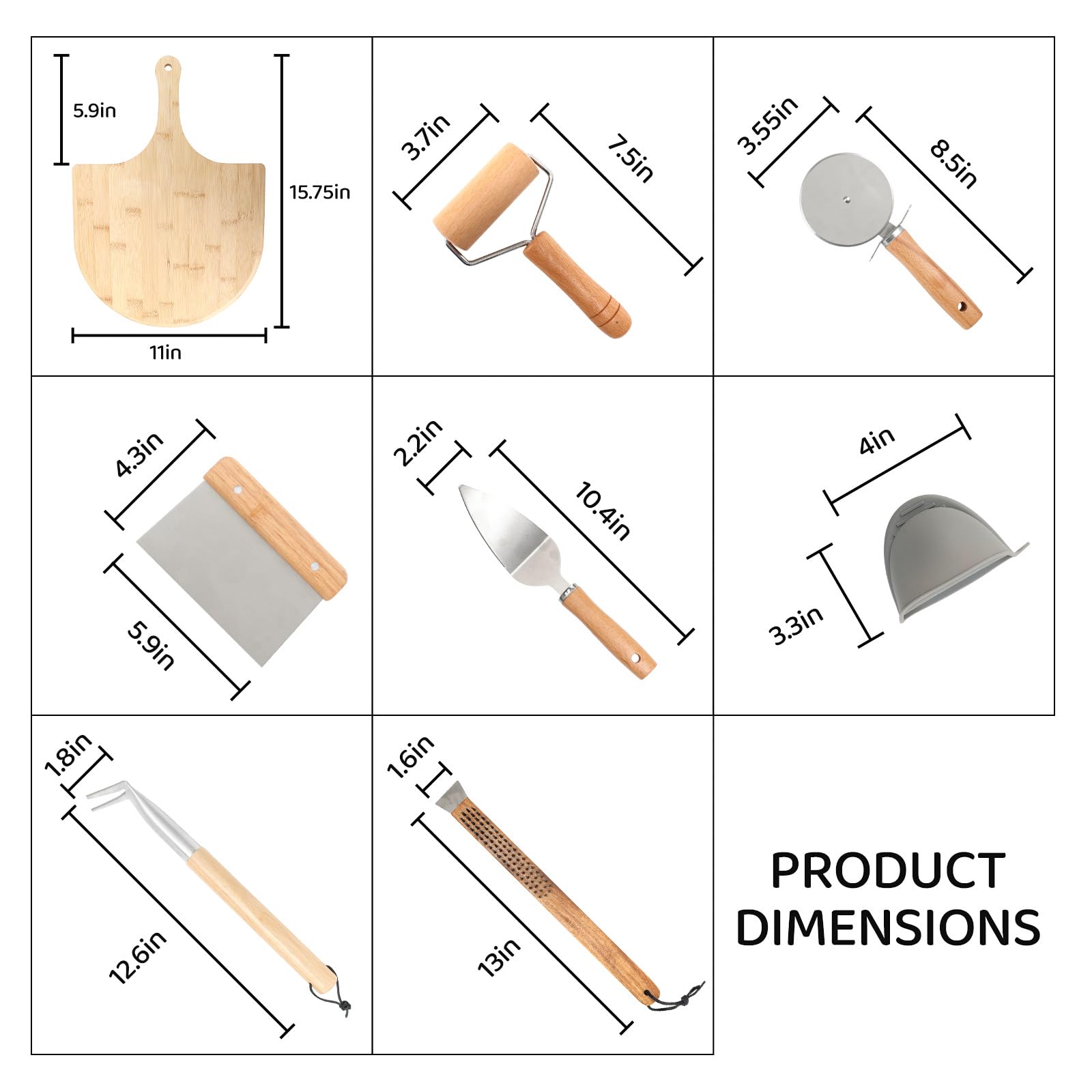 Kit di accessori per forno per pizza, versatile kit di 7 strumenti per la preparazione della pizza, per forni domestici ed esterni, include pala per pizza, spazzola da forno, paletta per bolle
