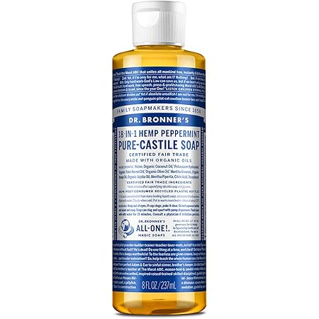 Dr. Bronner’s - Pure-Castile Liquid Soap (Peppermint, 8 ounce) - Made with Organic Oils, 18-in-1 Uses: Face, Body, Hair, Laundry, Pets and Dishes, Concentrated, Vegan, Non-GMO