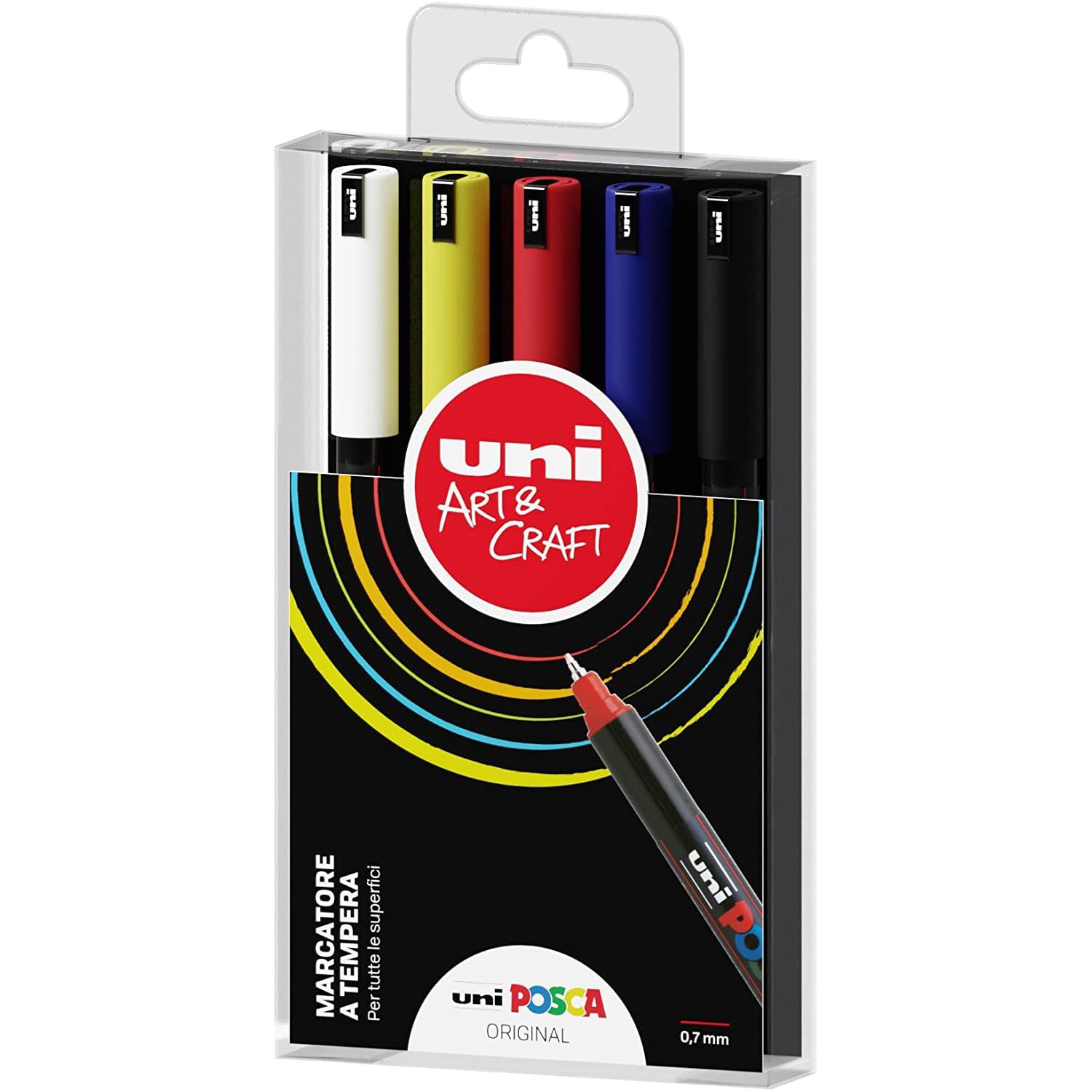 POSCA - Uniposca - Juego completo con 5 rotuladores de punta extrafina, 0,7 mm, rotuladores acrílicos Uni ideales como colores para niños y artistas, papelería, colores de tela y otras