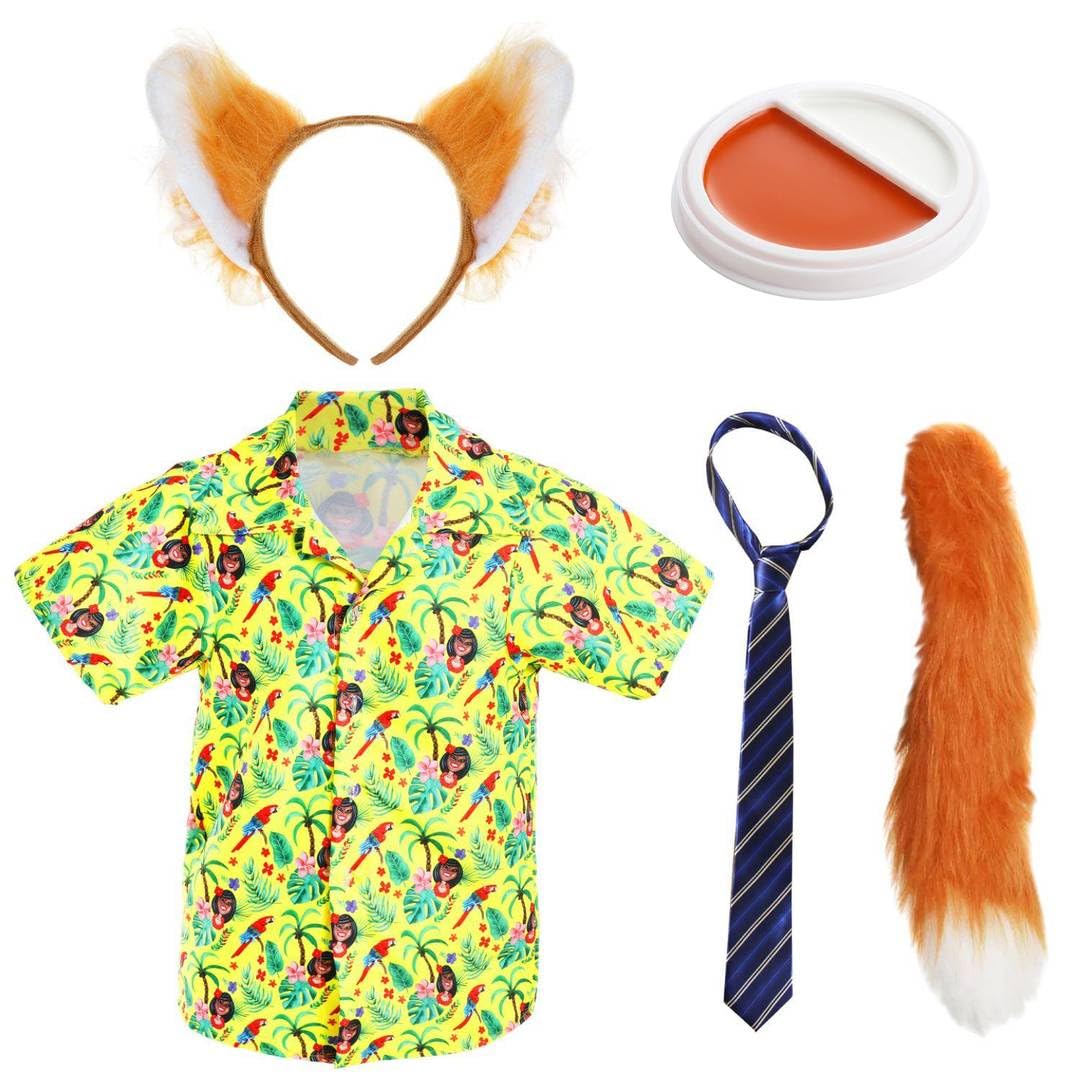 Adults City Fox Costume - XX-Large - Yellow Hawaiian Shirt, Blue & Beige Striped Tie, Fox Ears & Tail, Orange & White Facepaint - Mens TV Movie World Book Day Fancy Dress Costume
