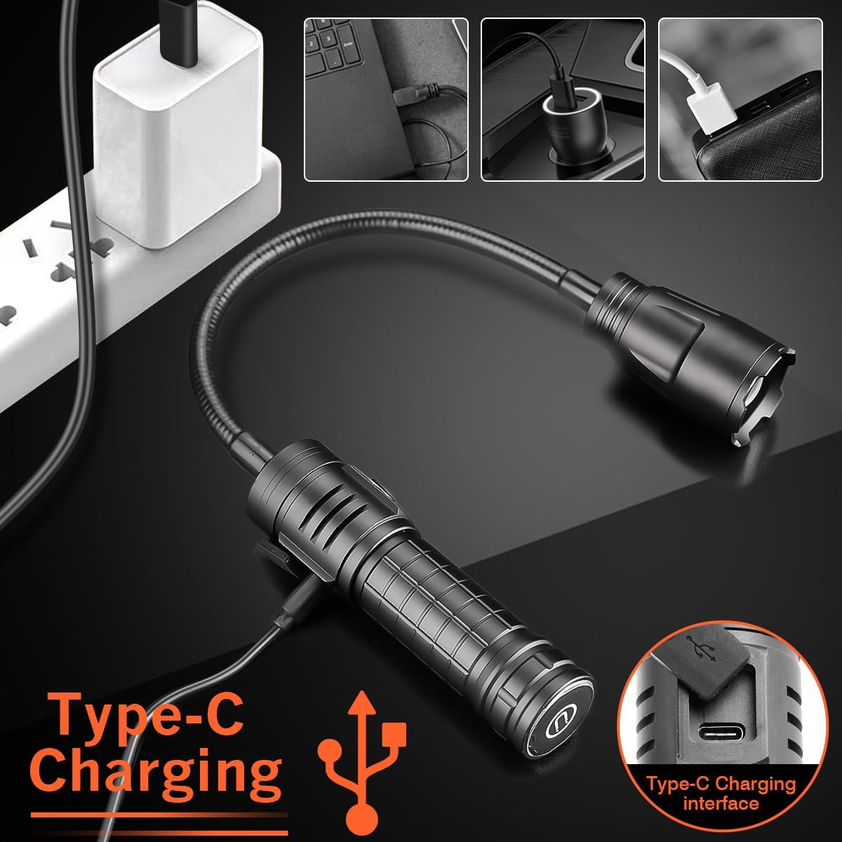 Flashlight connected to a Type-C charger, illustrating the charging process