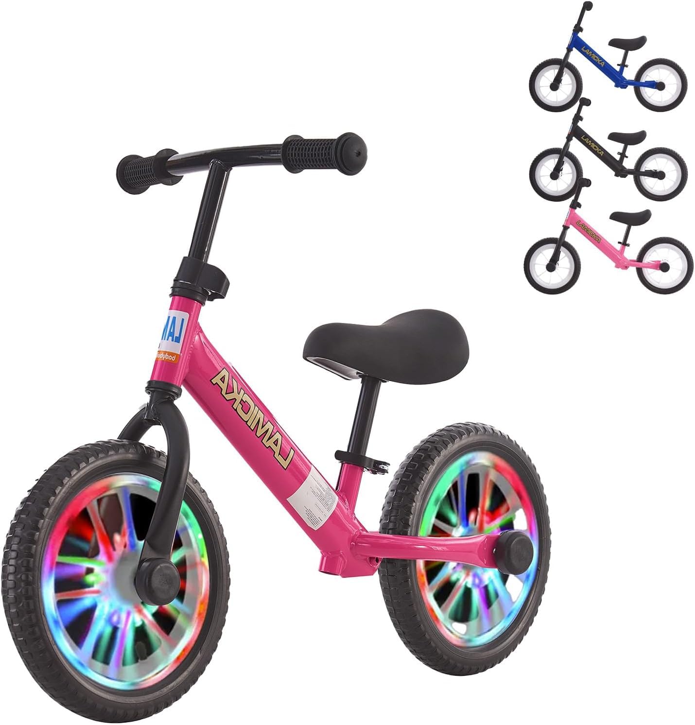 LSBIKE 14" Kids Balance Bike Toddler Training Bike No Pedal Children Cycles with LED Light up Wheels Adjustable Handlebar Leather Seat Fixed bracket for 2-5 Years old Boys and Girls (Dark Pink)