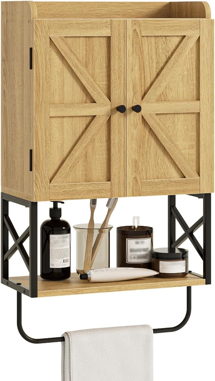 Masupu Bathroom Cabinet Wall Mounted, Wooden Medicine Cupboard with Adjustable Shelves, Space-Saving Wall Storage Unit for Bathroom, Kitchen and Living Room (9" D x 15.35" W x 27.16" H,Countrye Oak)