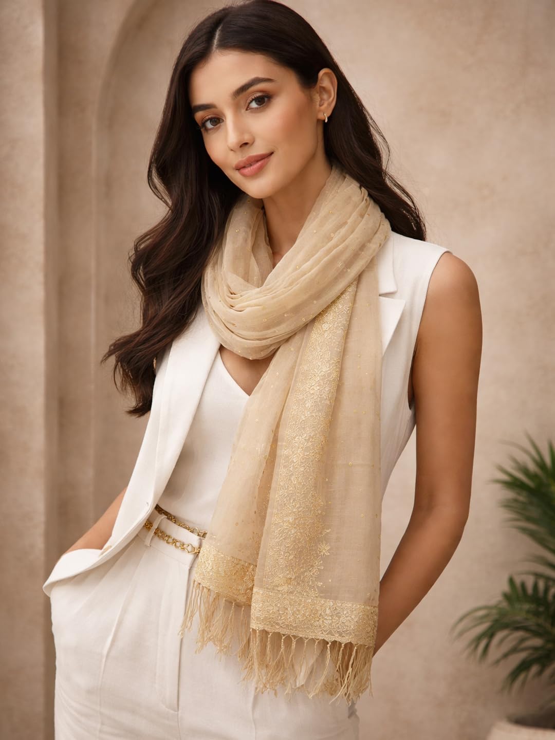Beige Shimmer Scarf with Gold Embroidered Border and Fringe-image-20