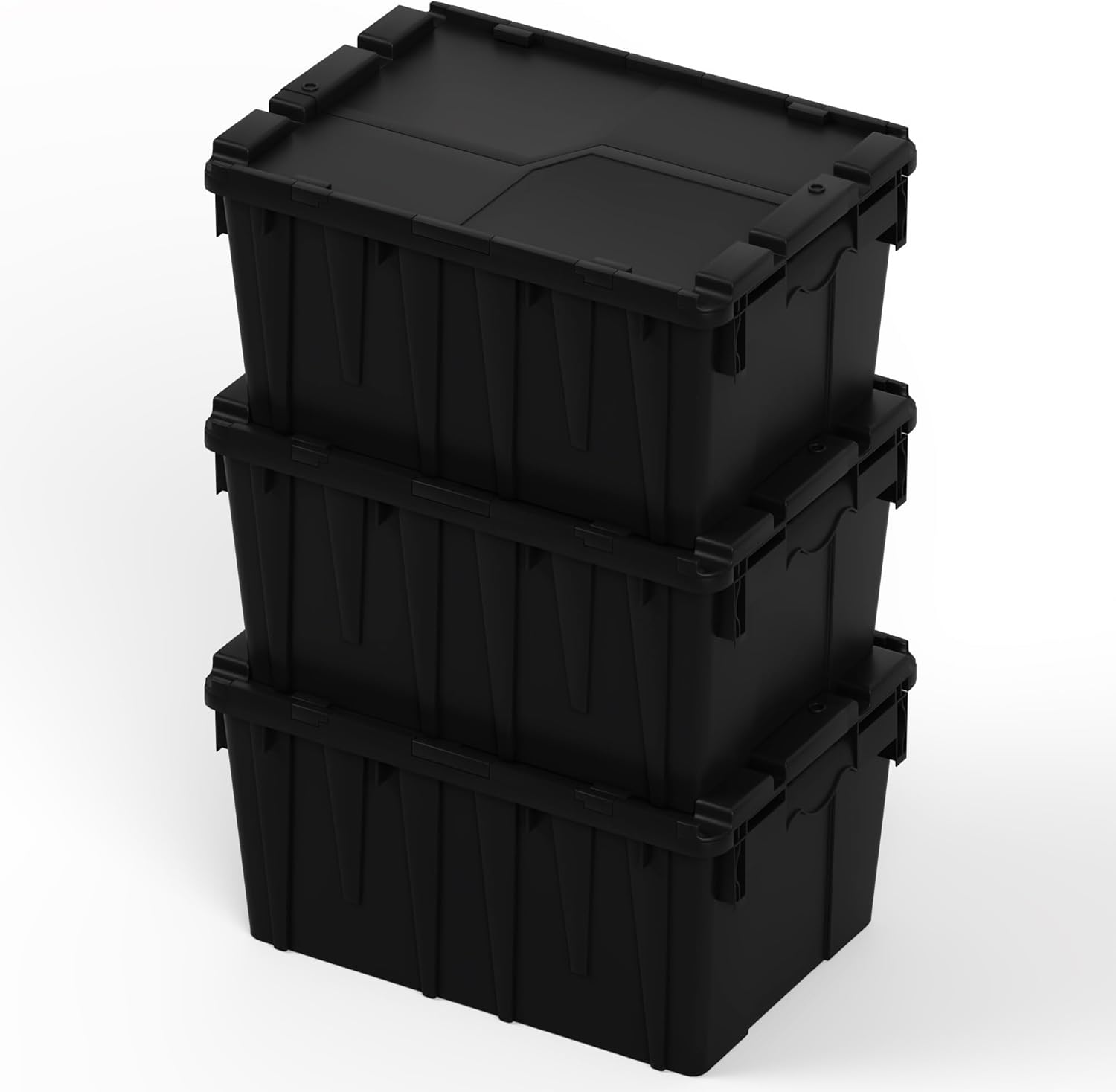Attached Lid Tote Box 22 x 16 x 10 Inch, Heavy Duty Stackable Plastic Storage Container with Hinged Lids, Durable Nestable Bin for Industrial, Tools, Garage, Warehouse and Logistics Use (3, Black)