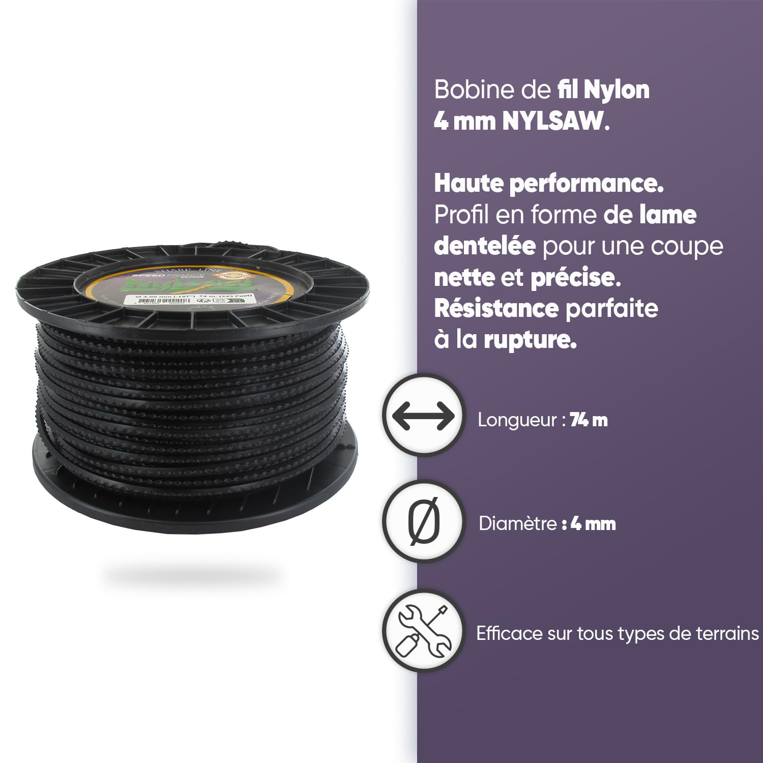 NYLSAW - Fil Nylon - Ø 4,0mm - L 74m - Fil Haute Performance - Profil en Forme de Lame Dentelée - Coupe Nette Et Précise - Efficace Sur Tous Types De Terrains
