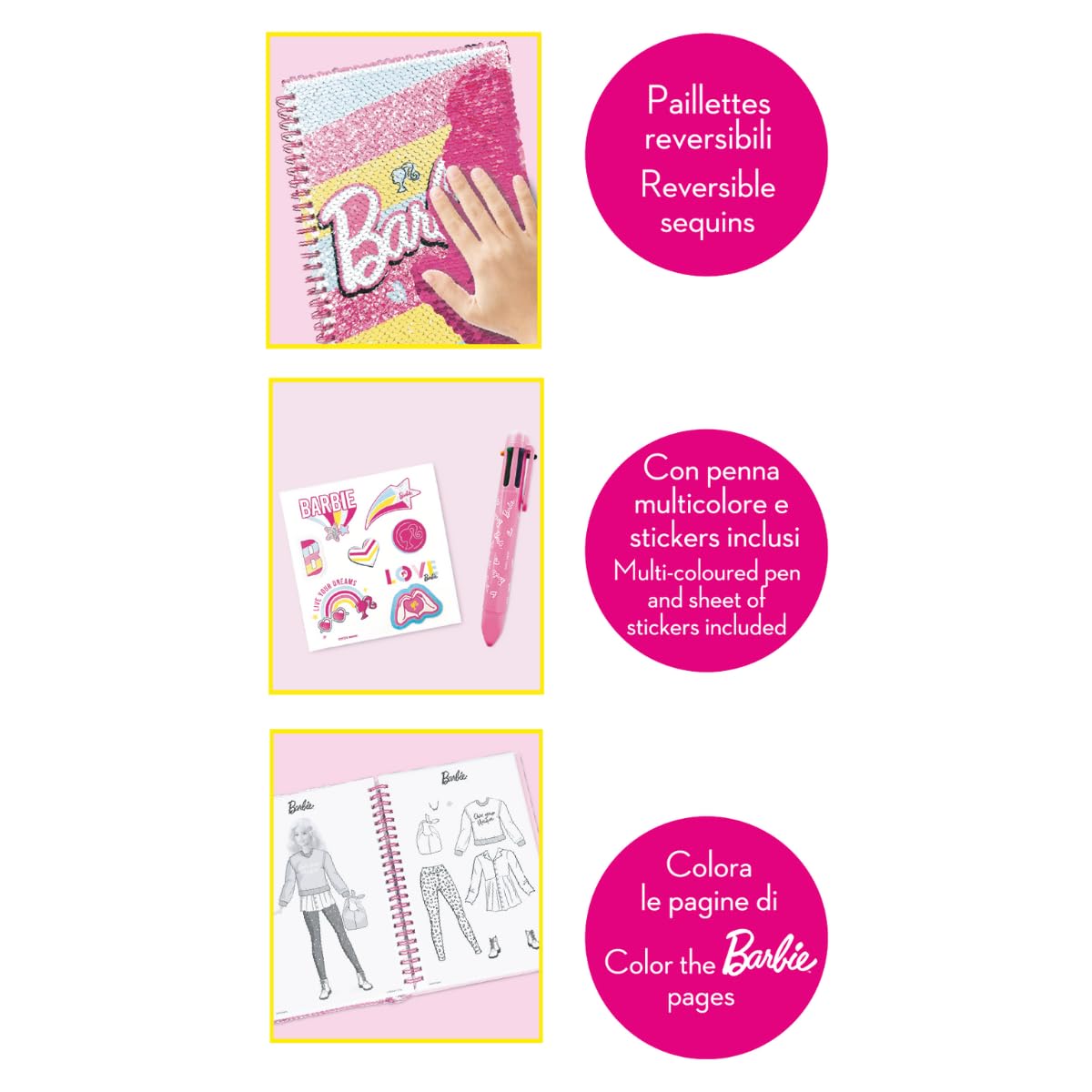 ODS Barbie My Notebook, dwustronny notatnik z cekinami, strony w paski, białe strony i kolorowanki, w tym wielokolorowy długopis i 1 arkusz naklejek Barbie, 15 x 21 cm