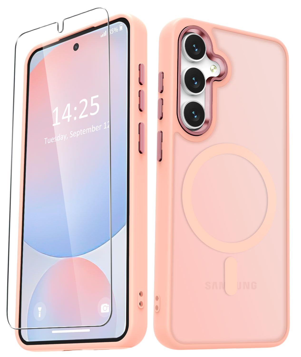 YENAPOON for Samsung Galaxy S24 FE Case, Matte Magnetic Case, Pink | Fit for Magsafe, Screen Protector Included, Translucent Frosted Slim Shockproof Protective Phone Cover