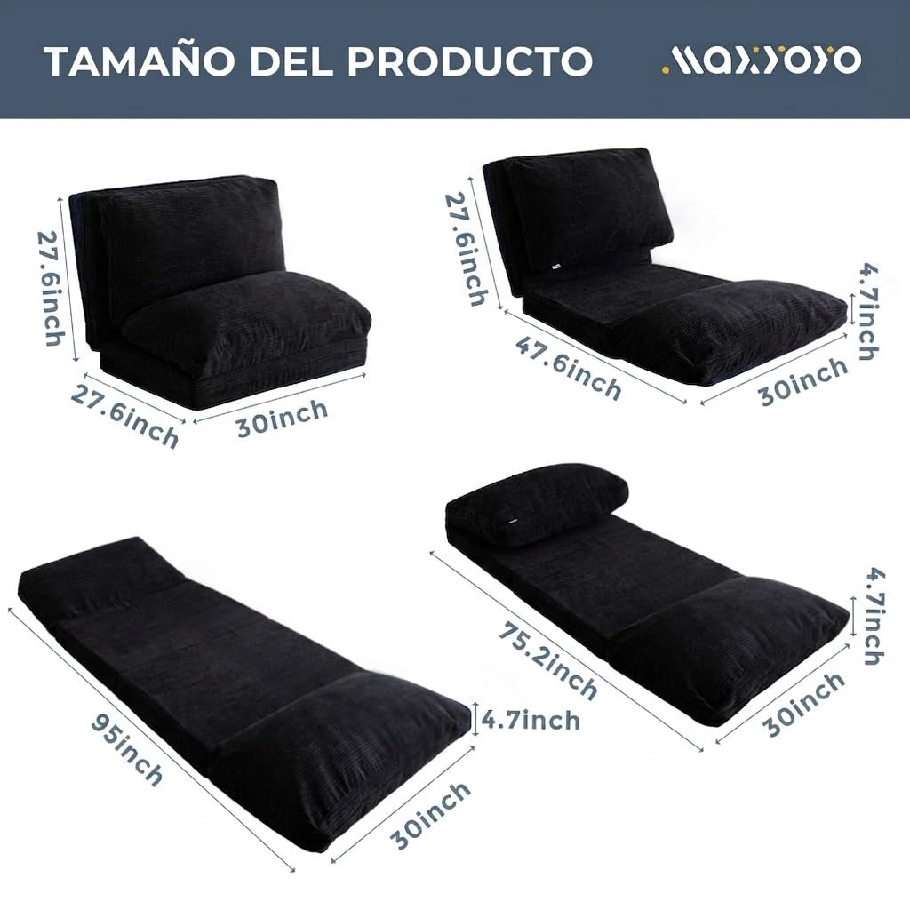MAXYOYO Puf plegable de felpa con superficie acanalada y acolchado de espuma, extra grueso, 4 capas, colchón de suelo para adultos, funda extraíble y lavable a máquina, color negro, 75 x