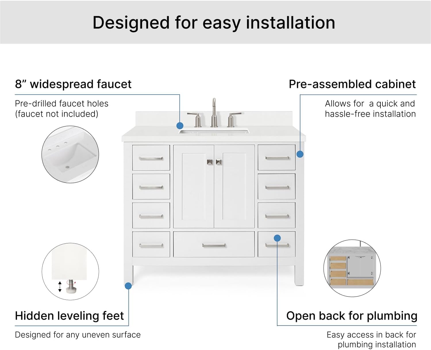 ARIEL Cambridge 42-inch Bathroom Vanity with Sink,Solid Wood, 1.5-inch Pure White Quartz Countertop & Backsplash, Single Rectangular Porcelain Sink, 2 Soft Closing Doors, 9 Dovetail Drawers, White