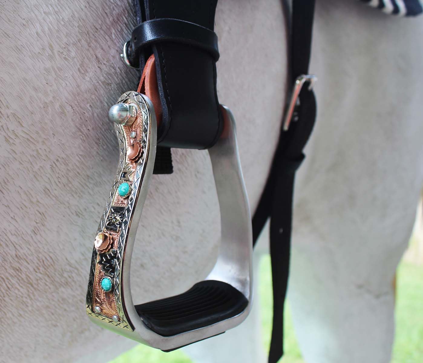CHALLENGER Horse Western 5" Wide Turquoise Stone Aluminum Copper Barrel Stirrups 51237