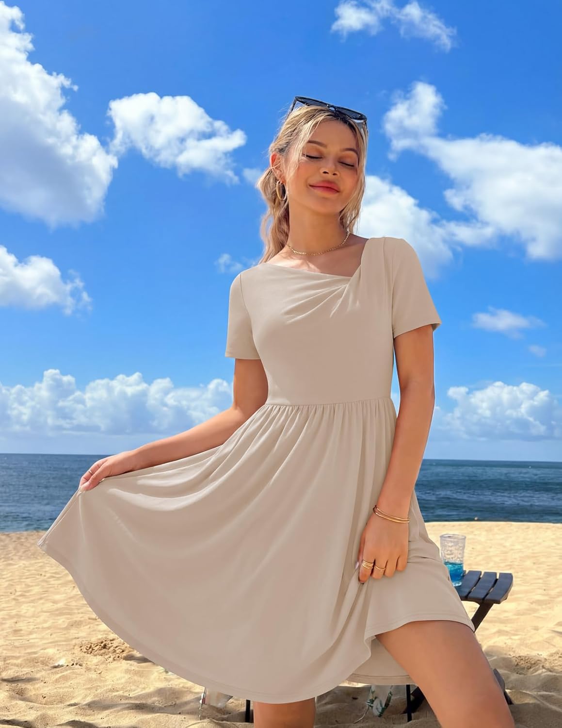 MEROKEETY Women's Asymmetrical V Neck Sundress 2026 Spring Summer Short Sleeve Ruched Casual A Line Mini Dresses Pockets - Image 6