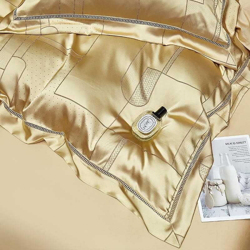 Miniatura 3 de Juego de ropa de cama clásica de satén de algodón con funda de edredón jacquard dorada a juego de sábanas sedosas de seda para cama doble, Queen