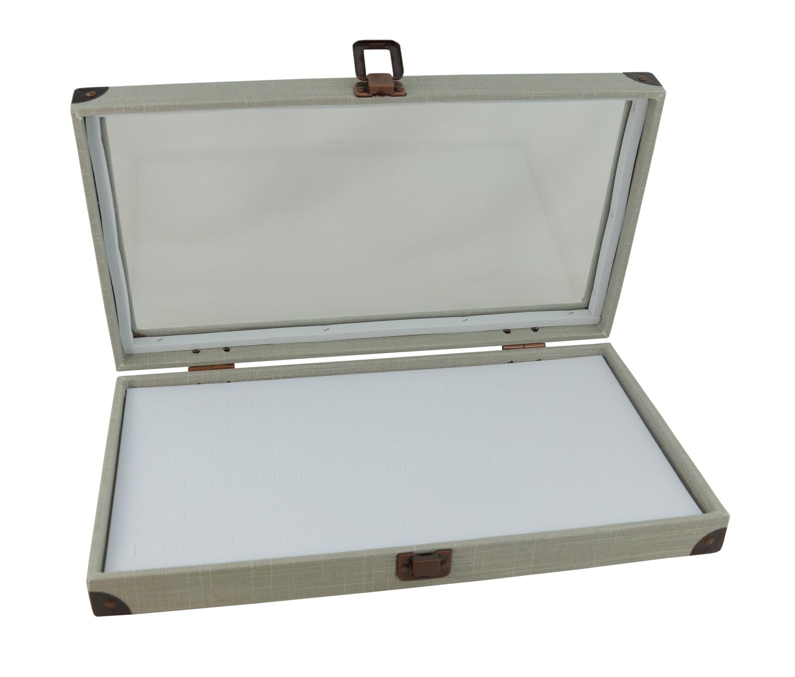 Box Displays Szare lniane drewniane mosiężne narożniki i zapięcie szklana pokrywa gablota z wyborem ekspozycyjnej wkładki do biżuterii (etui z białą podkładką pierścieniową 72)