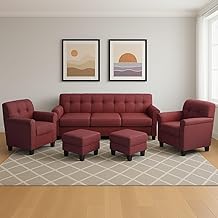 Teazure 5 Seater Sofa Set for Living Room | 3+1+1+2 Puffy | Premium Fabric Upholstery | Comfortable Modern Design | Durable Wooden Frame (Red)