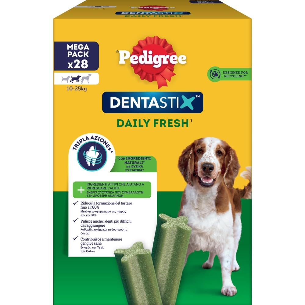 Pedigree Dentastix Fresh 112 Snack per la Igiene Orale (Cane Medio 10-25 kg) 180 g 28 Pezzi - 4 Confezioni da 28 (112 Pezzi totali)