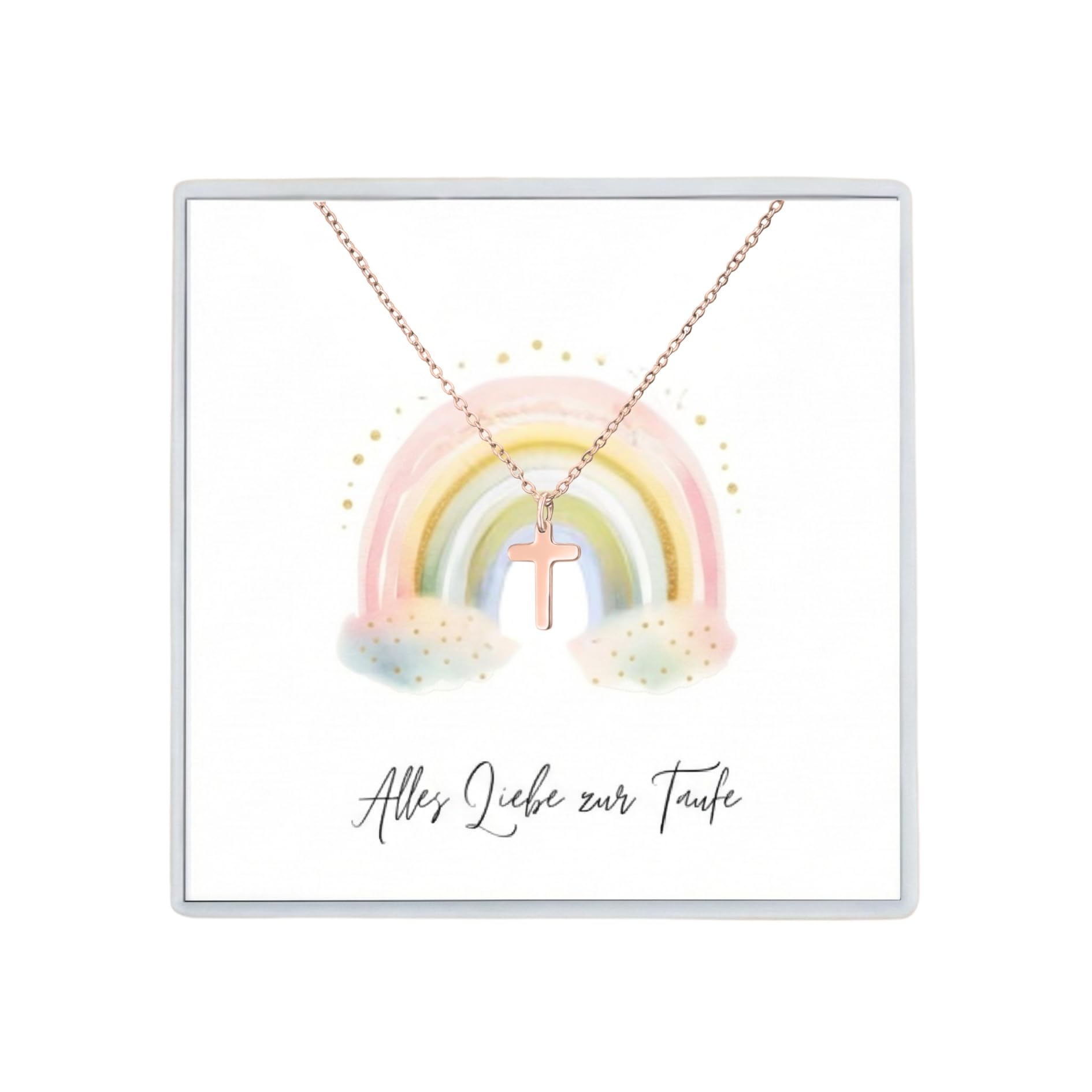 Wunderlinchen Halskette mit Kreuz Anhänger Geschenk zur Taufe Kommunion Junge Geburt Taufgeschenk für Mädchen (Regenbogen Pastell, Roségold)