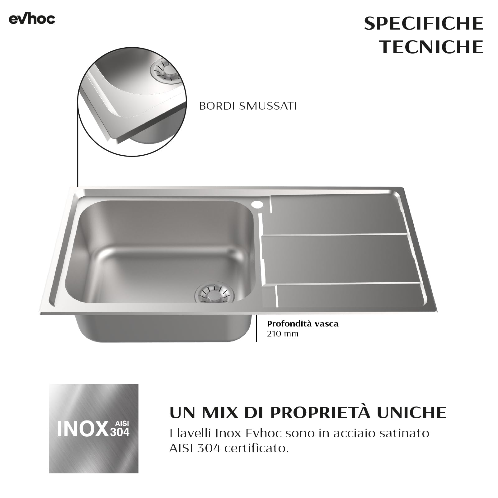 EVHOC Lavello Sopratop 100x50 cm, 1 Vasca Sinistra con Gocciolatoio, AURA M | Lavandino in Acciaio Inox con Finitura Satinata, Made in Italy, Piletta e Sifoni Inclusi