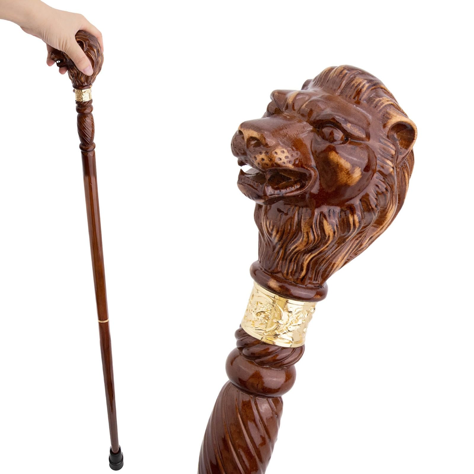 Handgeschnitzter Löwen-Spazierstock Aus Holz Mit Ergonomischem Griff und Gummispitze für Damen und Herren – Modischer, Exklusiver Gehstock für Senioren – 95,5 cm