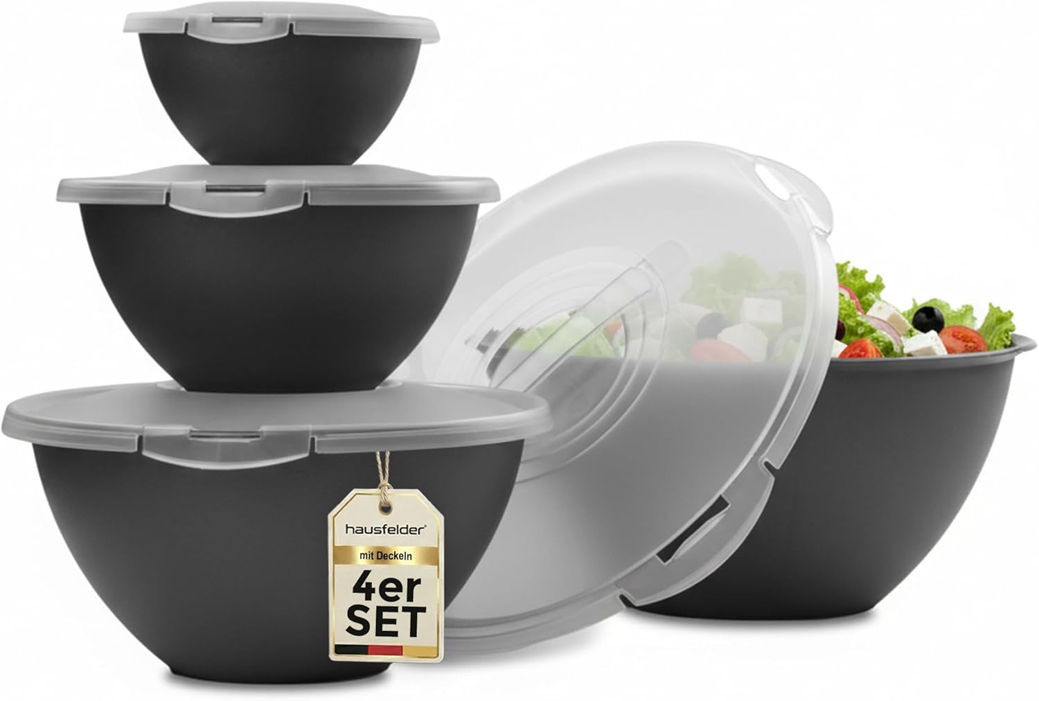 Bunter Salat Thermomix®: Eier im Varoma garen 11 Hausfelder Salatschüssel Set groß mit Deckel 4er Set, 0,7L/1,9L/3,6L/6L, Schüsselset aus Kunststoff stapelbar, BPA-frei in Anthrazit Schwarz für Camping und Küche