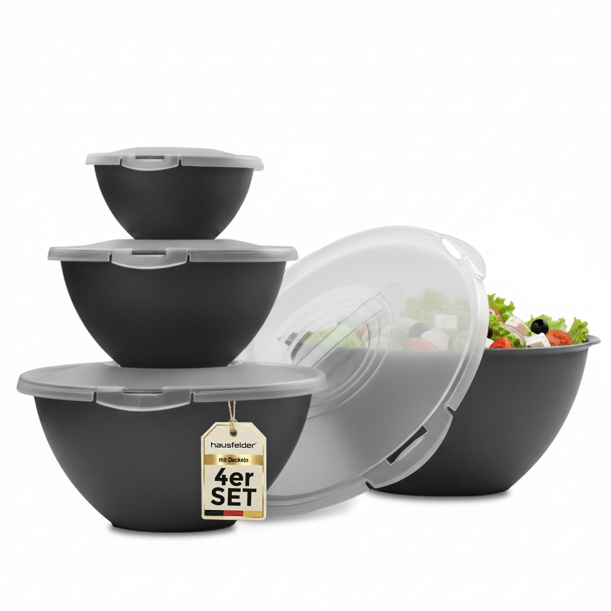 Hausfelder Salatschüssel Set groß mit Deckel 4er Set, 0,7L/1,9L/3,6L/6L, Schüsselset aus Kunststoff stapelbar, BPA-frei in Anthrazit Schwarz für Camping und Küche