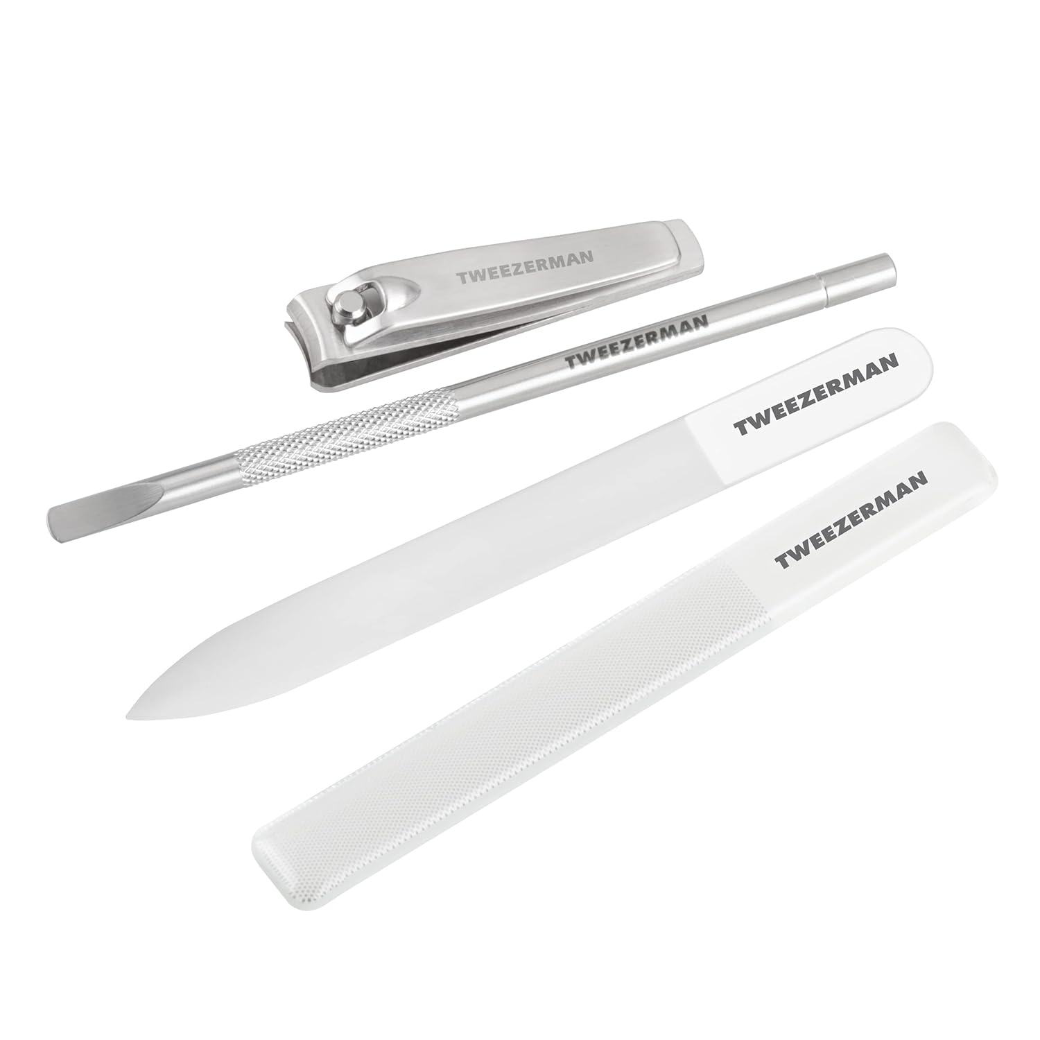 Tweezerman Glass Manicure Set Includes Nail Clipper, Cuticle Pusher, Glass Nail File, and Glass Nail Buffer