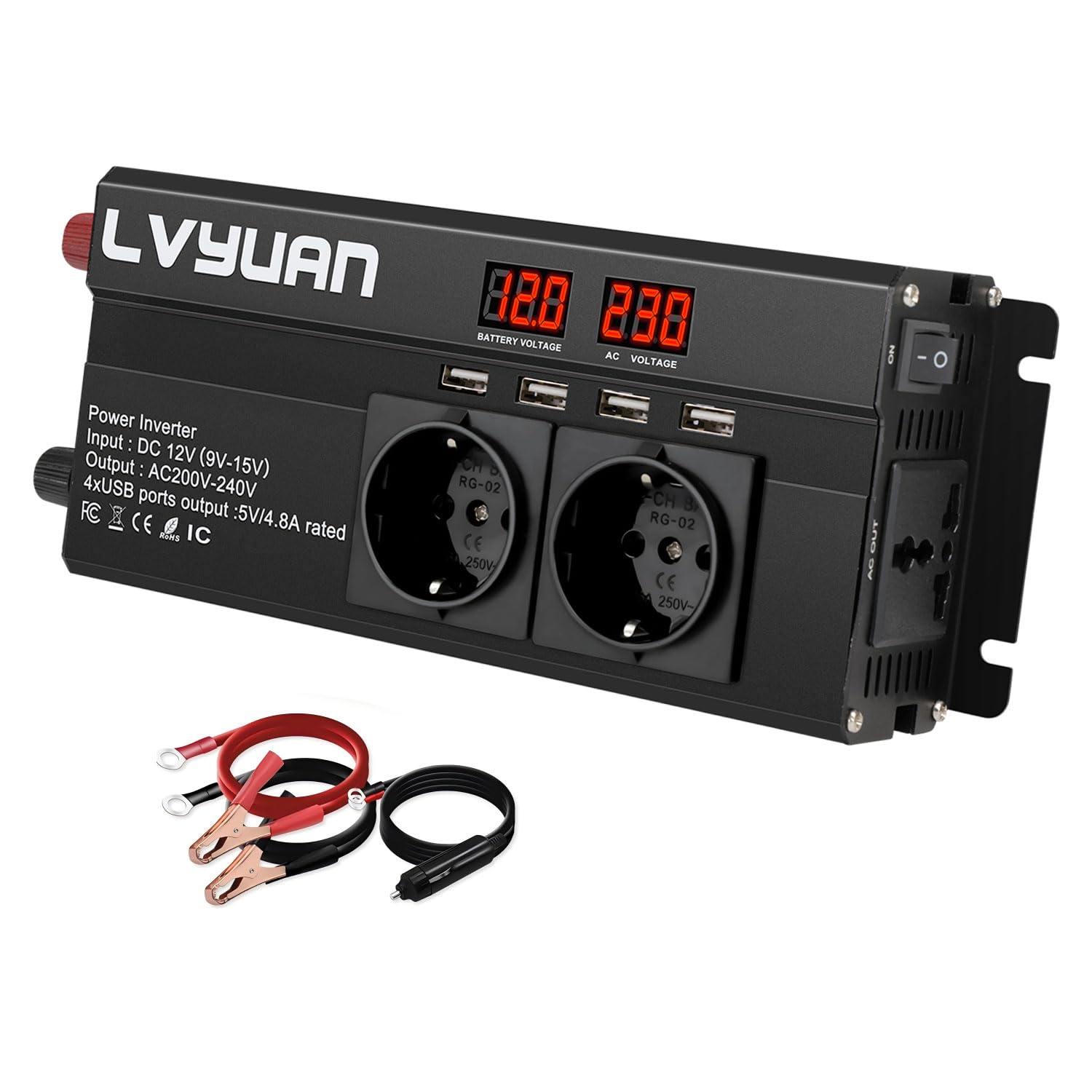 2000W Wechselrichter 12V Auf 230V - Reine Sinuswelle Mit 3 Steckdosen & USB-C Für Camping & Auto