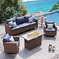 UDPATIO Patio Furniture Set with Fire Pit Table, Rocking Swivel Chairs, 5 Pieces Outdoor Furniture Sets, All-Weather Wicker Outdoor Sectional Sofa with Waterproof Cover, 4'' Thickened Cushion, Navy