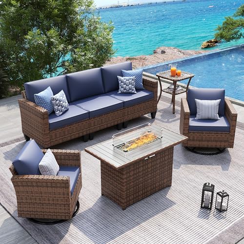 Image of UDPATIO Patio Furniture Set with Fire Pit Table, Rocking Swivel Chairs, 5 Pieces Outdoor Furniture Sets, All-Weather Wicker Outdoor Sectional Sofa with Waterproof Cover, 4'' Thickened Cushion, Navy