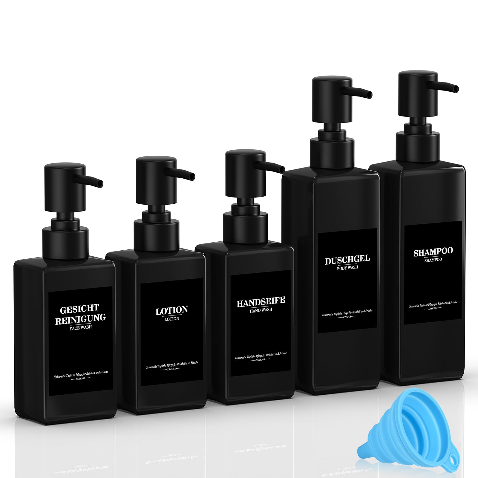 Set of 5 Reusable Shampoo Dispenser Bottles for Filling, 3 x 300 ml + 2 x 500 ml Black Refill Bottles with Pump Dispenser, Labels & Funnel for Bathroom, Kitchen, Shower Gel