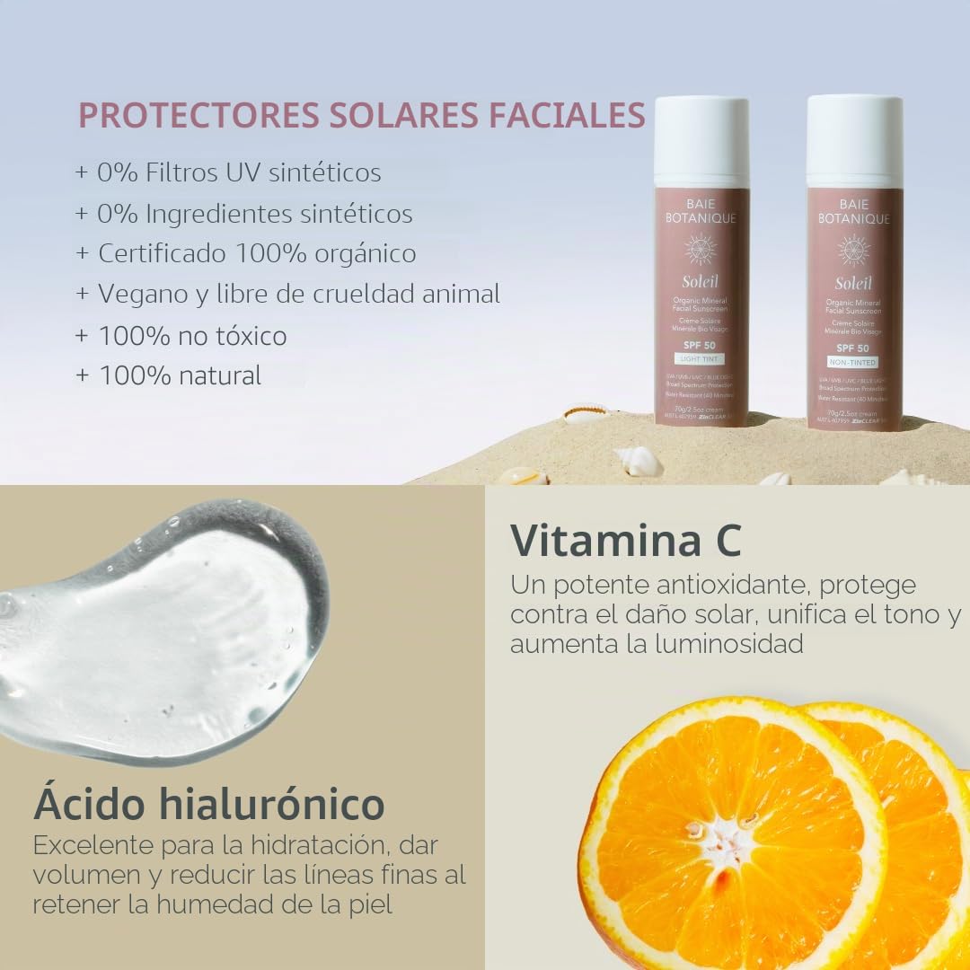 Protector solar facial mineral SPF 50 - Protección UV de óxido de zinc - Amplio espectro UVA UVB - Resistente al agua (40 minutos) - Con ácido hialurónico y vitamina C - Vegano, sin fragancia - 70g