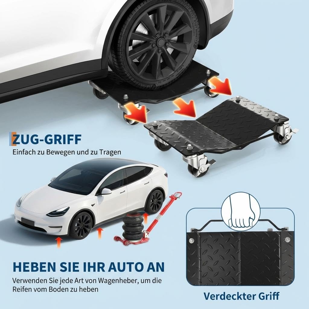 Auto Rangierhilfe Rangierroller 2/4 Stück – Schwerlast Fahrzeugheber 1360 kg Tragfähigkeit Mit Bremsen Für Autos, LKWs, Anhänger & Motorräder – Rot/Schwarz