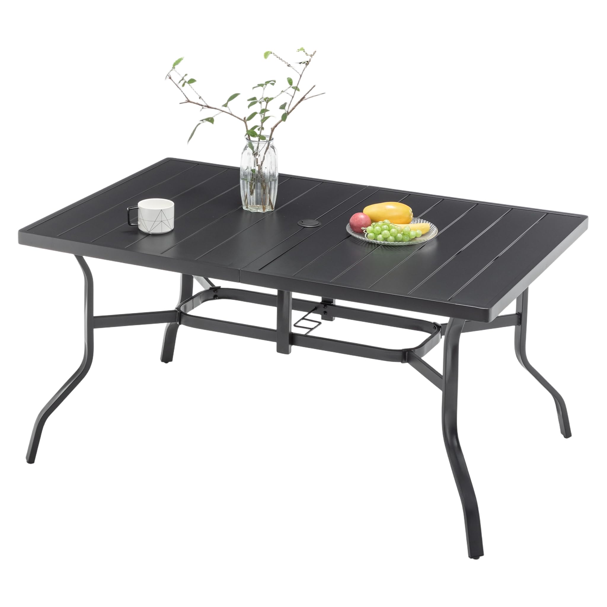 Thanaddo Gartentisch mit Schirmloch für 6 Personen, Wetterfest Terrassentisch aus Stahl, Draussen Metall Tisch Gartenmöbel 150x94 cm Gartentische Campingtisch für Garten Balkon Outdoor, Schwarz